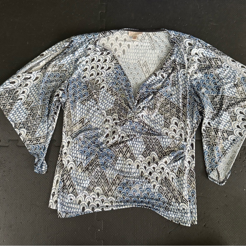 CB Casual White and Blue Wrap Blouse 3/4 Sleeve